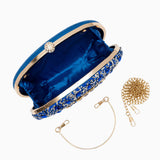Blue Crystal Embellished Evening Clutch Bag with Chain Strap