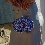 Blue Crystal Embellished Evening Clutch Bag with Chain Strap