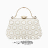 Pearl Beaded Floral Clutch Bag with Metal Top Handle