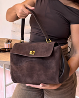 Vintage-Inspired Brown Suede Shoulder Bag with Flap Closure