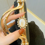 Pearl Beaded Floral Clutch Bag with Metal Top Handle