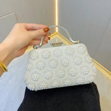 Pearl Beaded Floral Clutch Bag with Metal Top Handle