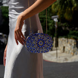 Blue Crystal Embellished Evening Clutch Bag with Chain Strap