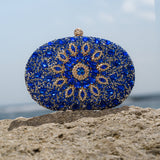 Blue Crystal Embellished Evening Clutch Bag with Chain Strap