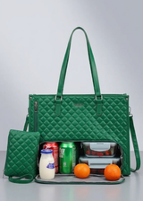 Green Quilted Insulated Leather Lunch Tote Bag with Laptop Compartment