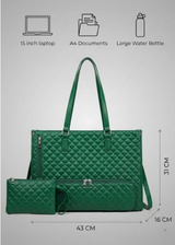 Green Quilted Insulated Leather Lunch Tote Bag with Laptop Compartment