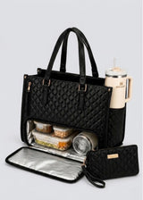 Quilted Insulated Leather Lunch Tote Bag with Laptop Compartment