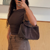 Vintage-Inspired Brown Suede Shoulder Bag with Flap Closure