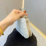 Pearl Beaded Floral Clutch Bag with Metal Top Handle