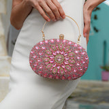 Pink Crystal Embellished Evening Clutch Bag with Chain Strapx