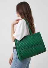 Green Quilted Insulated Leather Lunch Tote Bag with Laptop Compartment