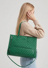 Green Quilted Insulated Leather Lunch Tote Bag with Laptop Compartment