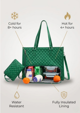Green Quilted Insulated Leather Lunch Tote Bag with Laptop Compartment